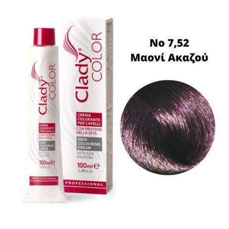 Βαφή Μαλλιών Clady Color Με Πρωτεΐνες Μεταξιού Νο 7,52 Μαονί Ακαζού 100ml