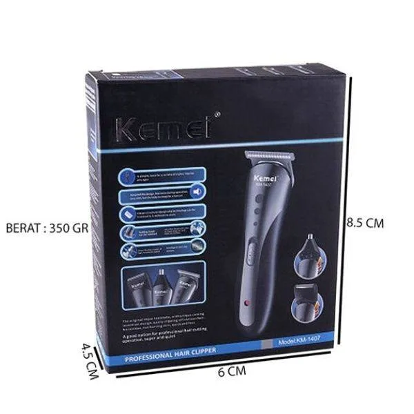 Kemei Επαναφορτιζόμενη Μηχανή 3 σε 1 Κουρέματος, Ξυρίσματος & Trimmer KM 1407 Black (1) Μια πολυχρηστική συσκευή προσωπικής φροντίδας. Ιδανική για κούρεμα, ξύρισμα και αποτρίχωση αυτιών - μύτης . Μια ολική φροντίδα για κάθε άντρα που θέλει να φαίνεται περιποιημένος !