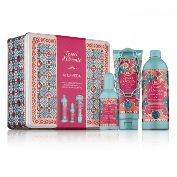 Tesori d’Oriente Ayurveda Metal Box Gift Set -EDT 100ml, Bath Cream 500 ml & Shower Cream 250ml
