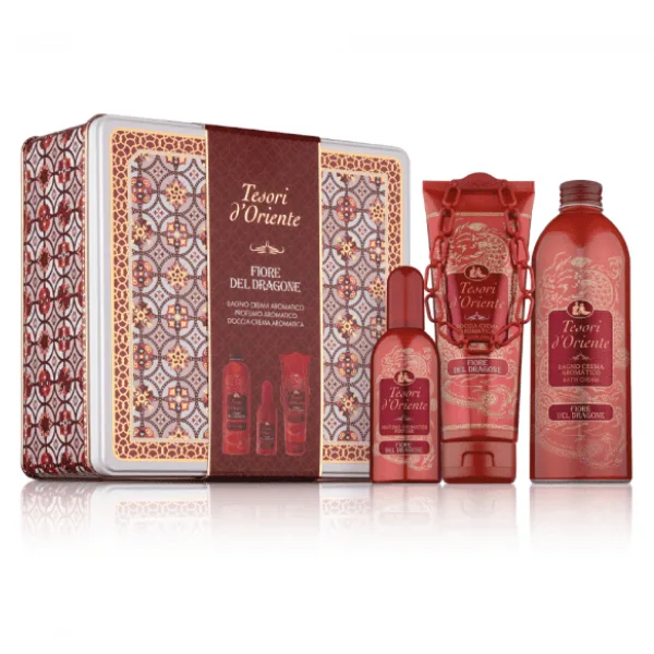 Tesori d’Oriente Fiore Del Dragone Metal Box Gift Set -EDT 100ml, Bath Cream 500 ml & Shower Cream 250ml