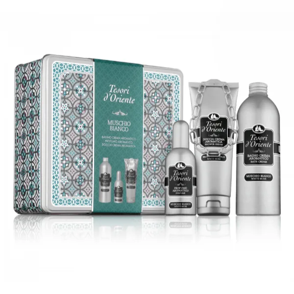 Tesori d’Oriente Moschio Bianco Metal Box Gift Set -EDT 100ml, Bath Cream 500 ml & Shower Cream 250ml
