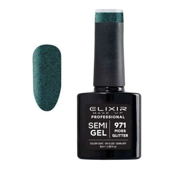 Elixir Professional Semi Gel Ημιμόνιμο Βερνίκι Νυχιών 971 Moss Glitter Έντονο Πράσινο Γκλίτερ 8ml