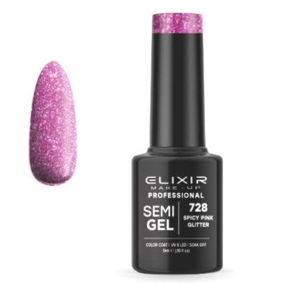Elixir Professional Semi Gel Ημιμόνιμο Βερνίκι Νυχιών 728 Spicy Pink Glitter Ροζ Συμπαγές Shimmer 5ml
