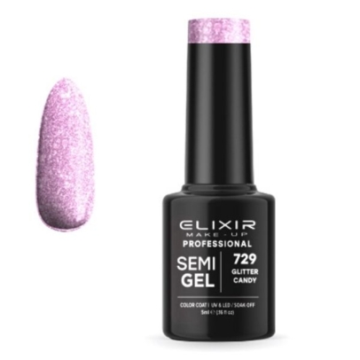 Elixir Professional Semi Gel Ημιμόνιμο Βερνίκι Νυχιών 729 Glitter Candy Ροζ Μωβ Συμπαγές Shimmer 5ml