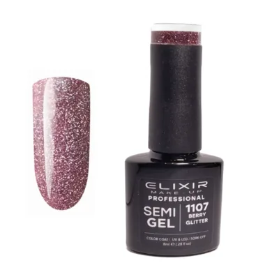 Elixir Professional Semi Gel Ημιμόνιμο Βερνίκι Νυχιών Flash Effect 1107 Berry Glitter Μπορντώ Εφέ Flash 8ml