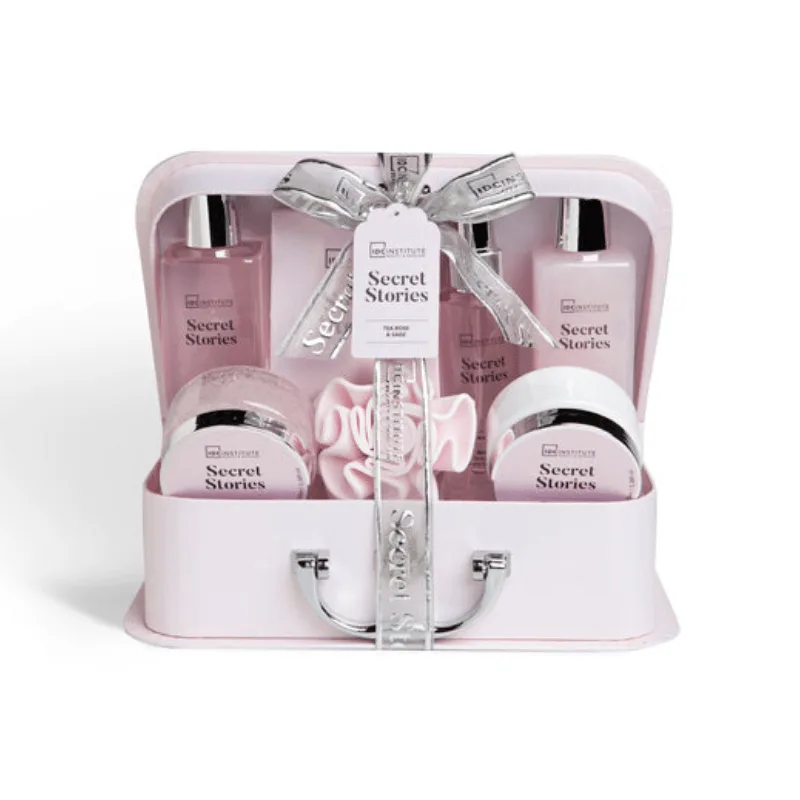 IDC Secret Stories Tea Rose & Sage Case Giftset 270ml Shower Gel, 270ml Bubble Bath, 120ml Body Mist, 100ml Body Lotion, 100ml Body Scrub, 200g Bath Salts & Eva Sponge