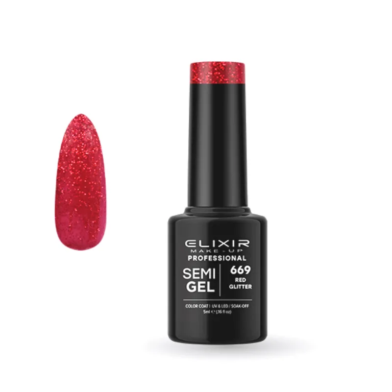 Elixir Professional Semi Gel Ημιμόνιμο Βερνίκι Νυχιών 669 Red Glitter Κόκκινο Γκλίτερ 5ml