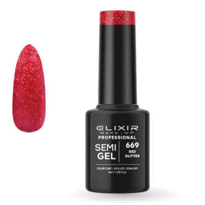 Elixir Professional Semi Gel Ημιμόνιμο Βερνίκι Νυχιών 669 Red Glitter Κόκκινο Γκλίτερ 5ml