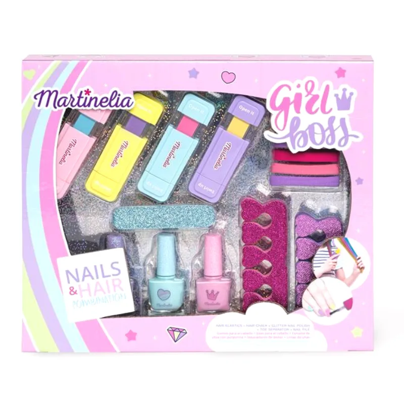 Martinelia Super Girl Nails & Hair Combination Kit - Σετ Μαλλιών Νυχιών 3X Βερνίκι Νυχιών 8ml, Λίμα, 2 Διαχωριστές Δακτύλων, 4 X Κιμωλίες Μαλλιών 6gr & 6 Λαστιχακιά Μαλλιών