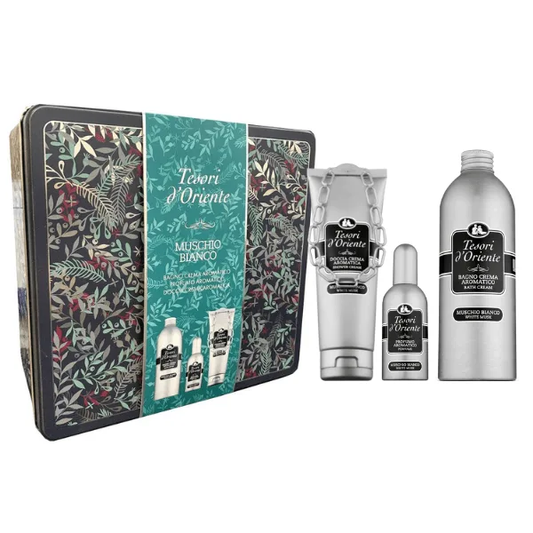 Tesori d’Oriente White Musk Metal Box Gift Set EDT 100ml Bath Cream 500ml & Shower Cream 250ml