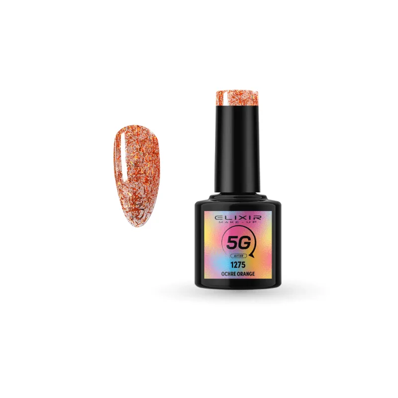 Elixir Professional Semi Gel - Ημιμόνιμο Βερνίκι Νυχιών 5G Effect 1275 Ochre Orange Πορτοκαλί Ώχρα Glitter 5G 8ml