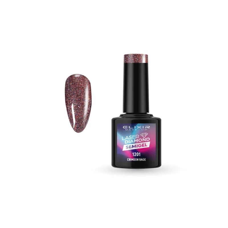 Elixir Professional Semi Gel - Ημιμόνιμο Βερνίκι Νυχιών Laser Diamond Effect 1201 Crimson Rage Σκούρο Κόκκινο Γκρι Glitter 8ml