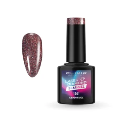 Elixir Professional Semi Gel - Ημιμόνιμο Βερνίκι Νυχιών Laser Diamond Effect 1201 Crimson Rage Σκούρο Κόκκινο Γκρι Glitter 8ml