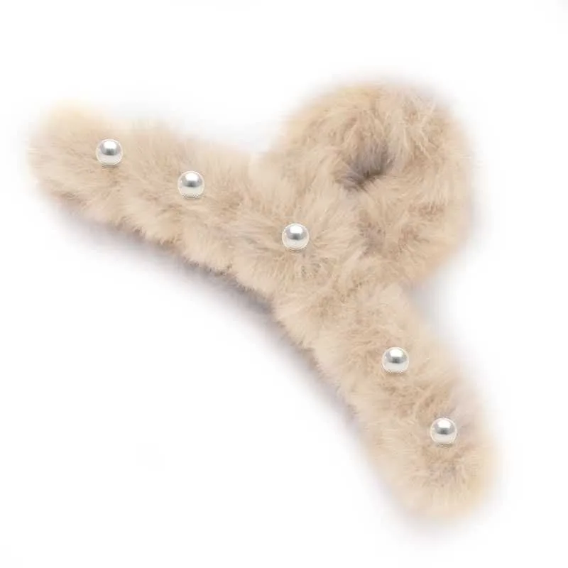 D&H Κλάμερ Μαλλιών με Γουνάκι & Πέρλες Εκρού 12cm