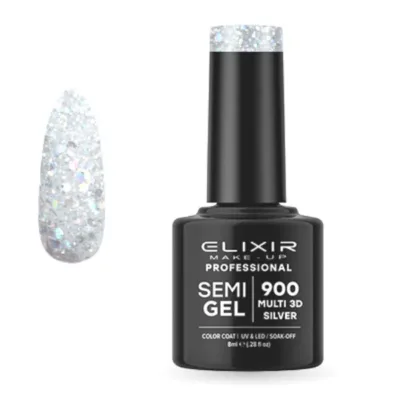 Elixir Professional Semi Gel Ημιμόνιμο Βερνίκι Νυχιών 900 Multi 3D Silver Διάφανο με Ασημί Γκλίτερ Διαφόρων Μεγεθών 8ml