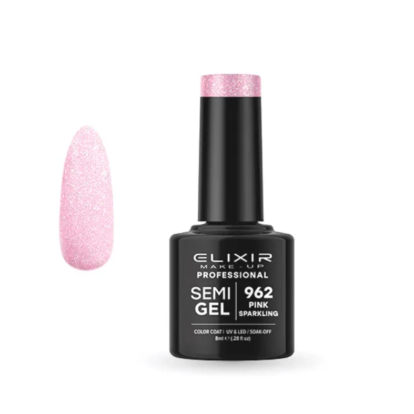 Elixir Professional Semi Gel Ημιμόνιμο Βερνίκι Νυχιών 962 Pink Sparkling Διαφανές Με Συμπαγές Ροζ Shimmer 8ml