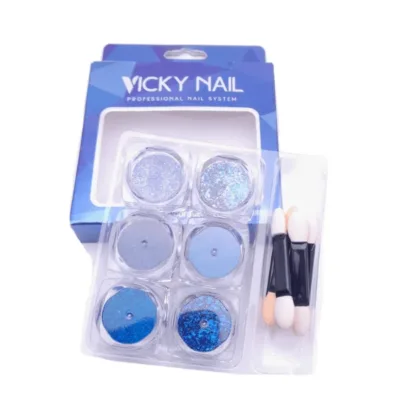 Vicky Nail Διακοσμητική Σκόνη Glitter Νυχιών Μπλε 6 τμχ x 0,8γρ & 6 x Διπλά Πινελάκια Εφαρμογής