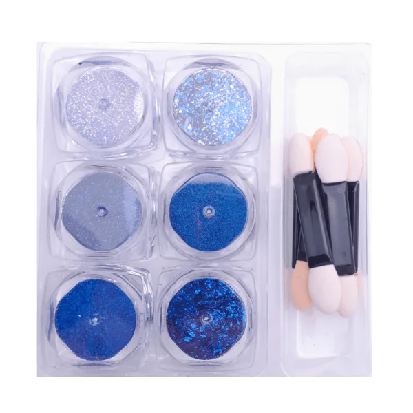 Vicky Nail Διακοσμητική Σκόνη Glitter Νυχιών Μπλε 6 τμχ x 0,8γρ & 6 x Διπλά Πινελάκια Εφαρμογής