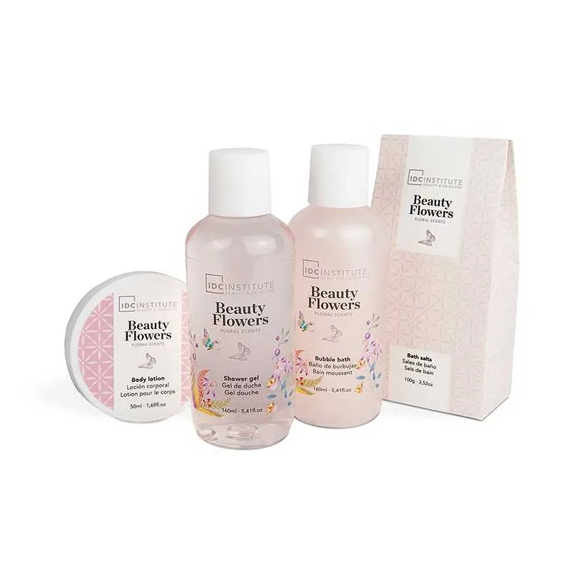 42127-idc-2 IDC Beauty Flowers White Basket Gift Set - 160ml Shower Gel, 160ml Bubble Bath, 50ml Body Lotion & 100g Bath Salts
