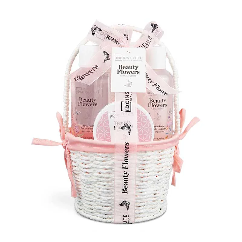 IDC Beauty Flowers White Basket Gift Set - 160ml Shower Gel, 160ml Bubble Bath, 50ml Body Lotion & 100g Bath Salts