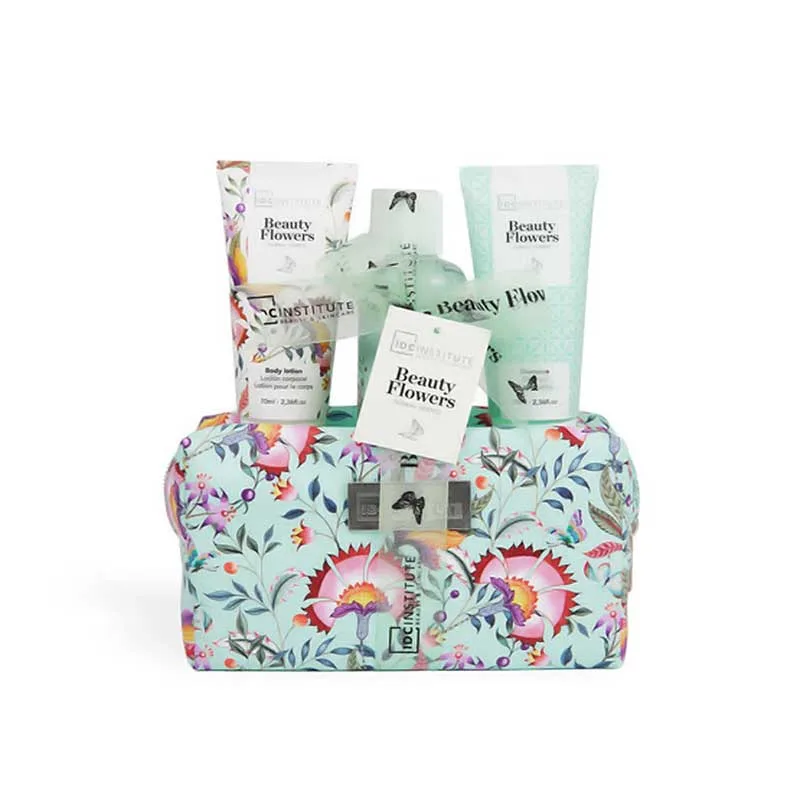 IDC Beauty Flowers Bag Gift Set – 70ml Shower Gel, 70ml Shampoo, 70ml Body Lotion & Cosmetic Bag Green Floral