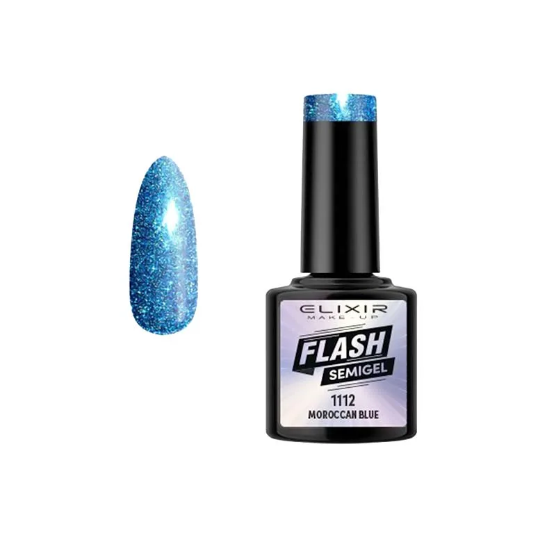 Elixir Professional Semi Gel Ημιμόνιμο Βερνίκι Νυχιών Flash Effect 1112 Moroccan Blue Έντονο Mπλέ Ηλεκτρίκ Γκλίτερ Εφέ Flash 8ml