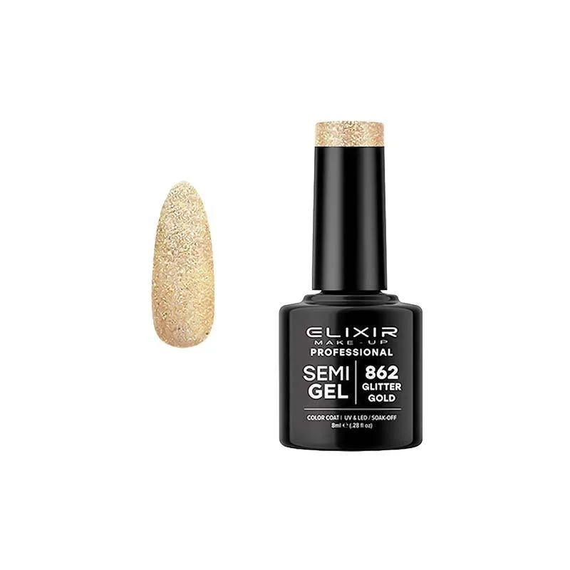 Elixir Professional Semi Gel Ημιμόνιμο Βερνίκι Νυχιών 862 Glitter Gold Χρυσό Γκλίτερ 8ml