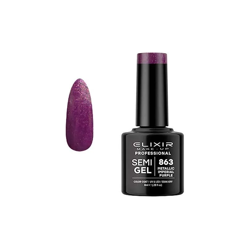 Elixir Professional Semi Gel Ημιμόνιμο Βερνίκι Νυχιών 863 Metallic Imperial Purple Μεταλλικό Μωβ Μπορντώ Shimmer 8ml