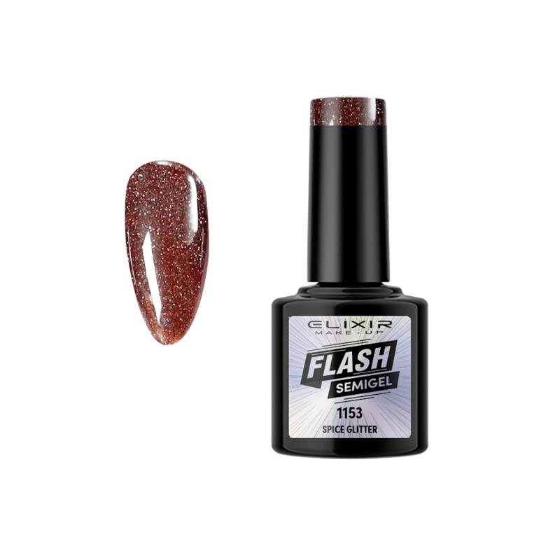 Elixir Professional Semi Gel Ημιμόνιμο Βερνίκι Νυχιών Flash Effect 1153 Spice Glitter Σκούρο Καφέ Γκλίτερ Εφέ Flash 8ml