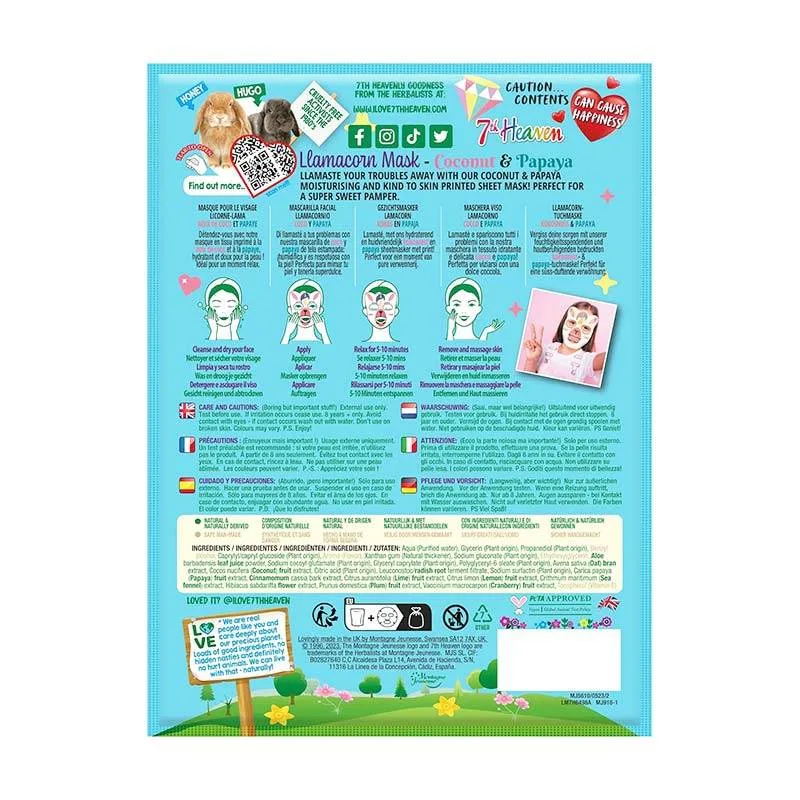 7th Heaven Lamacorn Face Mask Coconut & Papaya 25gr - Μάσκα Ομορφιάς Πανί Με Σχέδιο Ηλικίες 8+ Vegan