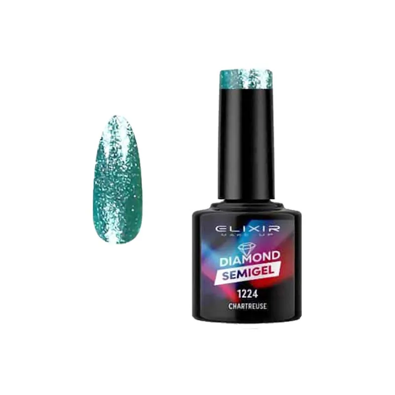 Elixir Professional Semi Gel Ημιμόνιμο Βερνίκι Νυχιών Lazer Diamond Effect 1224 Chartreuese Αστραφτερό Βεραμάν Γκλίτερ 8ml