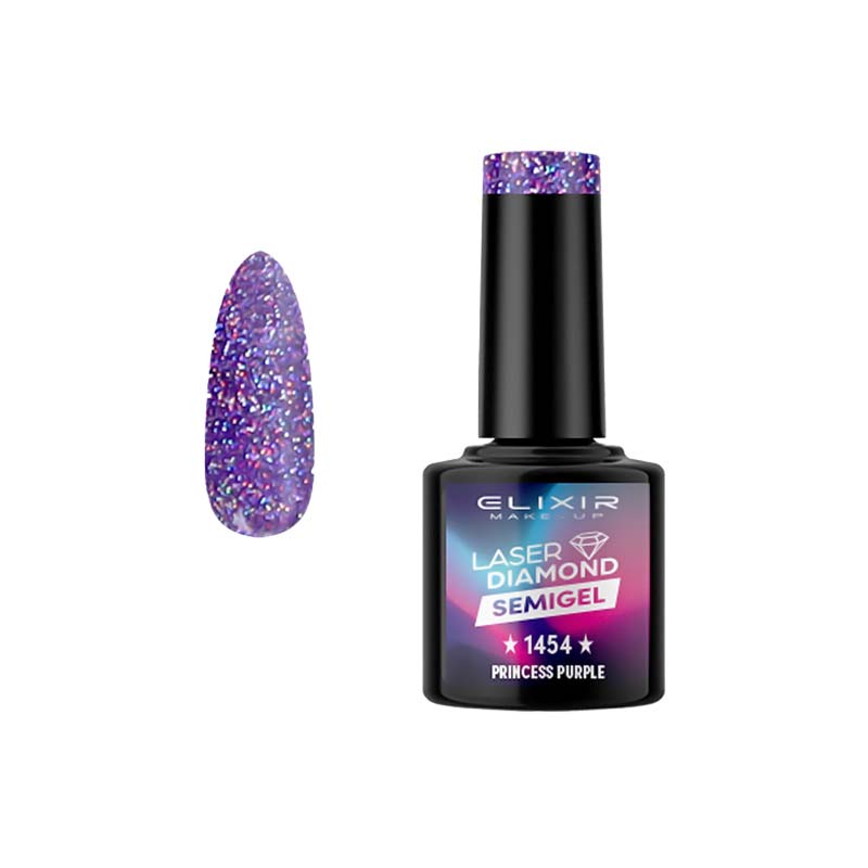 Elixir Professional Semi Gel Ημιμόνιμο Βερνίκι Νυχιών Laser Diamond Effect 1454 Princess Purple Βασιλικό Μωβ Με Πολύχρωμο Glitter 8ml