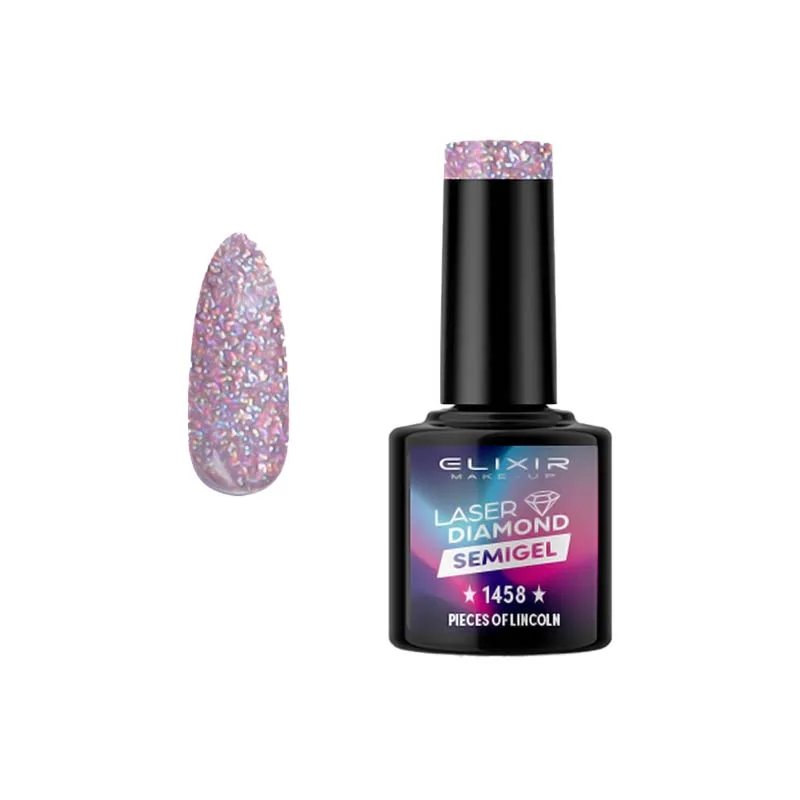 Elixir Professional Semi Gel Ημιμόνιμο Βερνίκι Νυχιών Laser Diamond Effect 1458 Pieces of Lincoln Μωβ Ροζ Με Πολύχρωμο Glitter 8ml