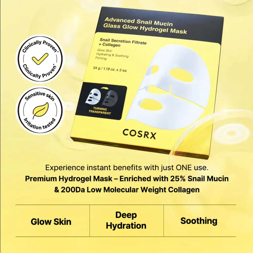 Cosrx-Advanced-Snail-Mucin-Glass-Glow-Hydrogel-Mask-Set 7 Cosrx Advanced Snail Mucin Glass Glow Hydrogel Mask Set Σετ Ενυδατικές Μάσκες Με Έκκριμα Σαλιγκαριού 3pcs x 34gr