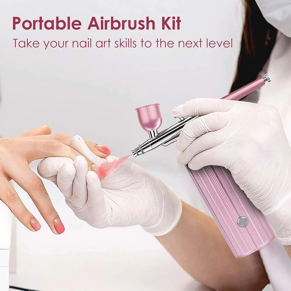 WD Beauty Airbrush System Αερογράφος Νυχιών με 2 Δοχεία 20ml, 40ml & Κομπρεσέρ Μπεκ 0.3mm Πίεση 1.9bar Μπαταρίας Ροζ