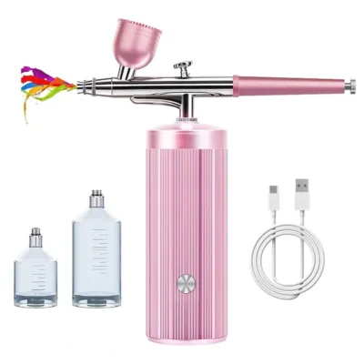 WD Beauty Airbrush System Αερογράφος Νυχιών με 2 Δοχεία 20ml, 40ml & Κομπρεσέρ Μπεκ 0.3mm Πίεση 1.9bar Μπαταρίας Ροζ