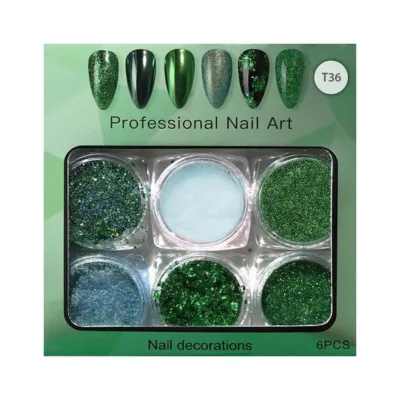 Vicky Nail Διακοσμητική Σκόνη Glitter Νυχιών Πράσινη 6 τμχ x 0,8γρ & 6 x Διπλά Πινελάκια Εφαρμογής