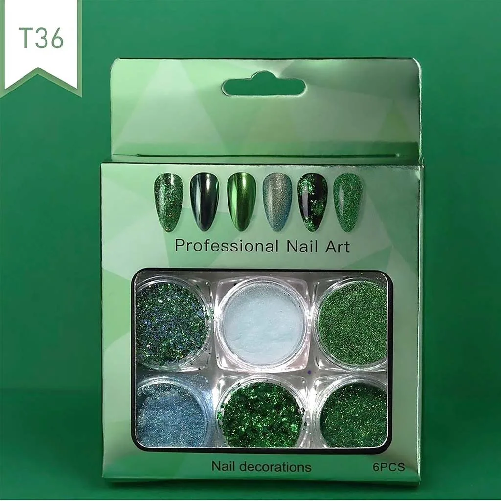 Vicky Nail Διακοσμητική Σκόνη Glitter Νυχιών Πράσινη 6 τμχ x 0,8γρ & 6 x Διπλά Πινελάκια Εφαρμογής