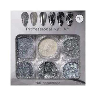 Vicky Nail Διακοσμητική Σκόνη Glitter Νυχιών Ασημί 6 τμχ x 0,8γρ & 6 x