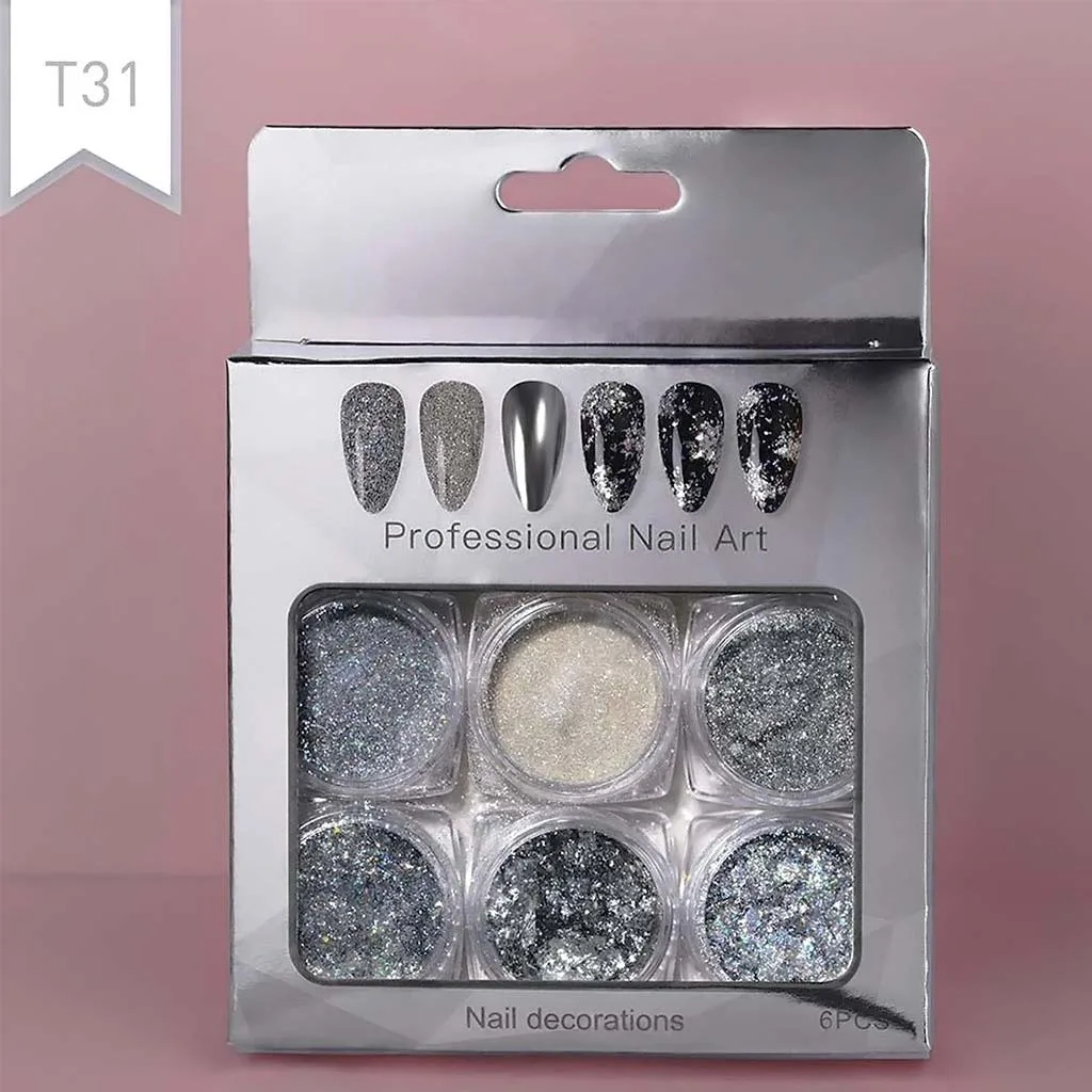 Vicky Nail Διακοσμητική Σκόνη Glitter Νυχιών Ασημί 6 τμχ x 0,8γρ & 6 x
