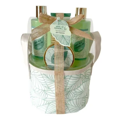 Becasan Nature Fabric Basket Set White Tea Vegan 6Pcs - Σετ Περιποίησης Υφασμάτινο Καλάθι Φ16 Η25