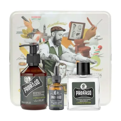 Proraso Cypress & Vetiver Beard Kit Metal Box Σετ Περιποίησης Γενειάδας 3pcs